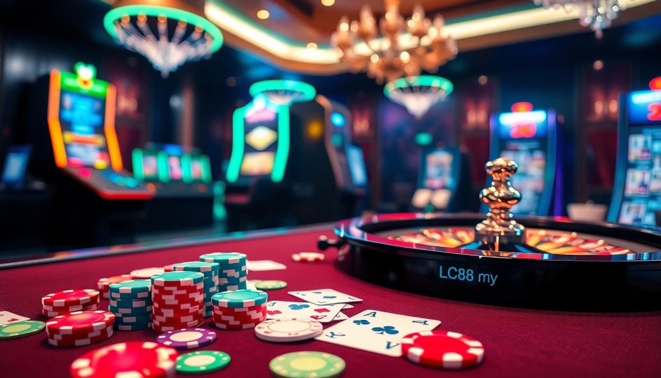 Experience thrilling gameplay at lc88 my with luxurious casino elements like poker chips and roulette tables.
