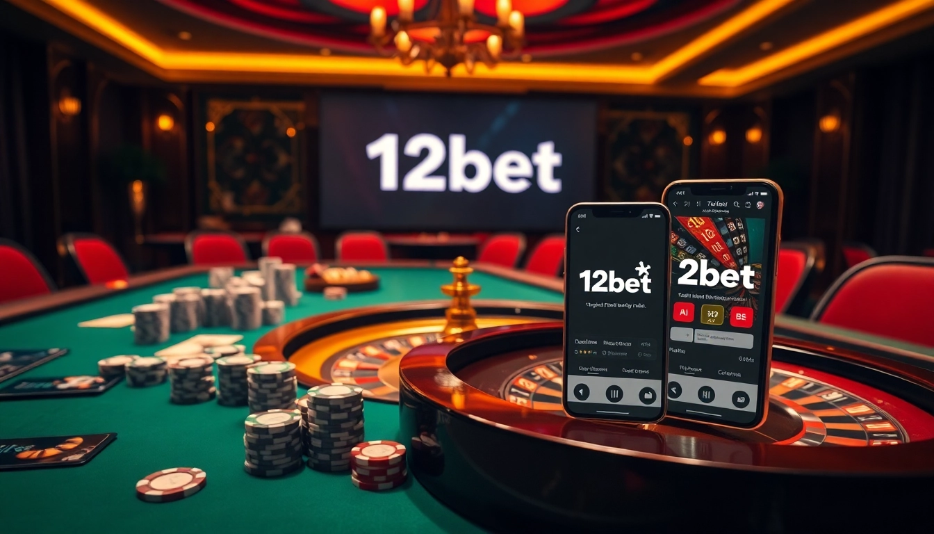 Engaging casino scene with the link 12bet featured on a smartphone, highlighting excitement in gambling.
