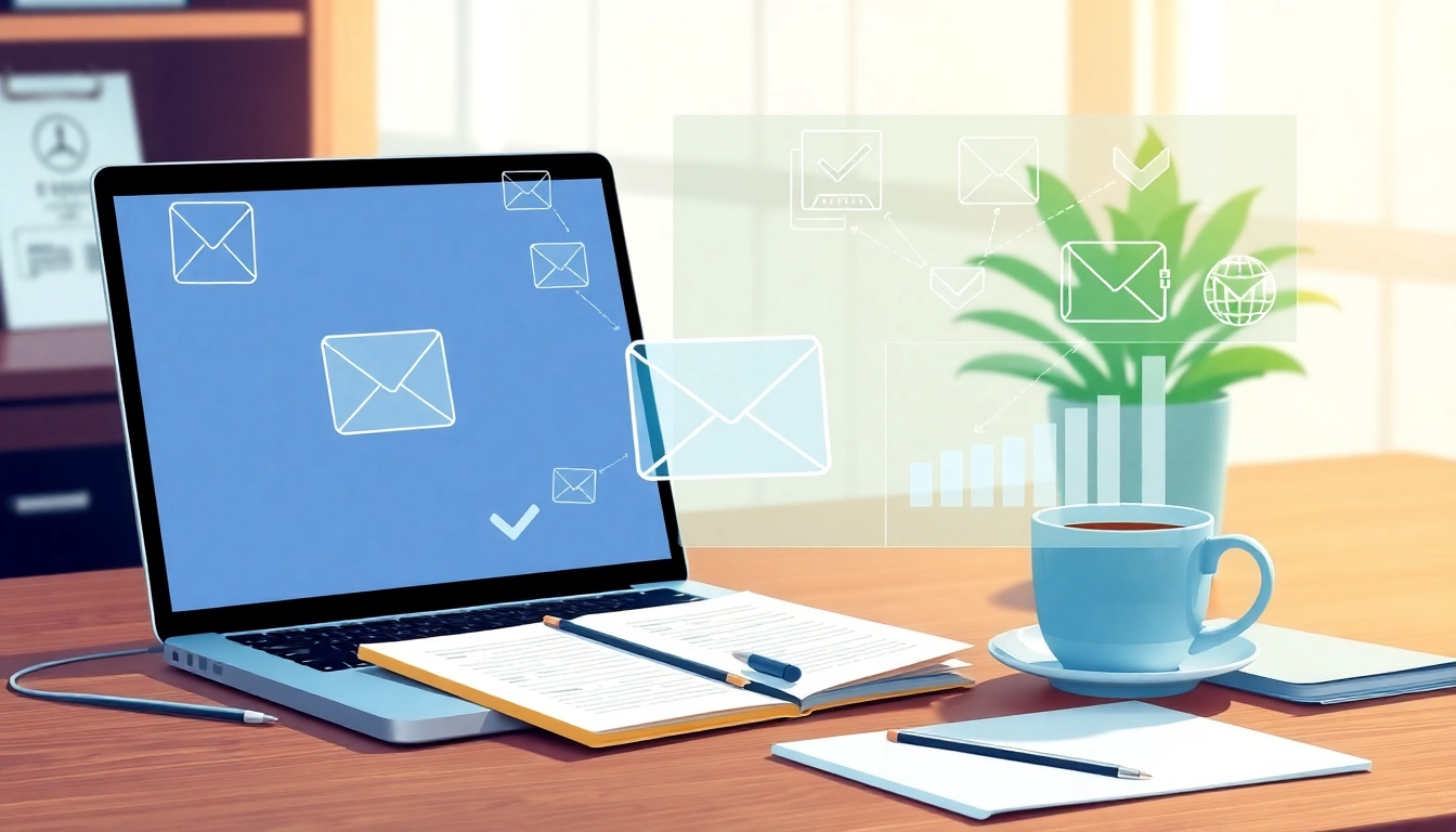 Processus de vérification d'e-mails en ligne représenté sur un bureau professionnel avec un ordinateur portable et des éléments numériques.