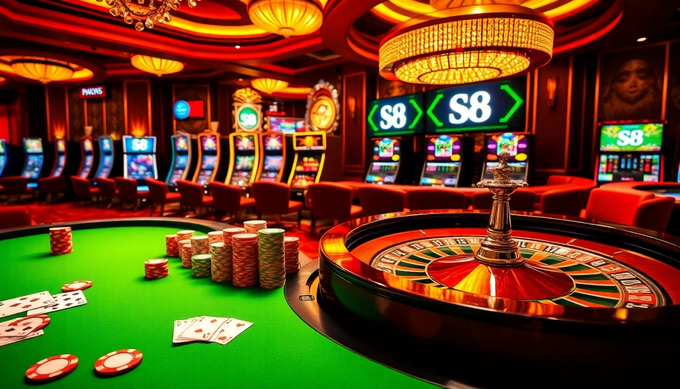 Enjoy thrilling gambling action at S8 casino with vibrant tables, chips, and roulette excitement.