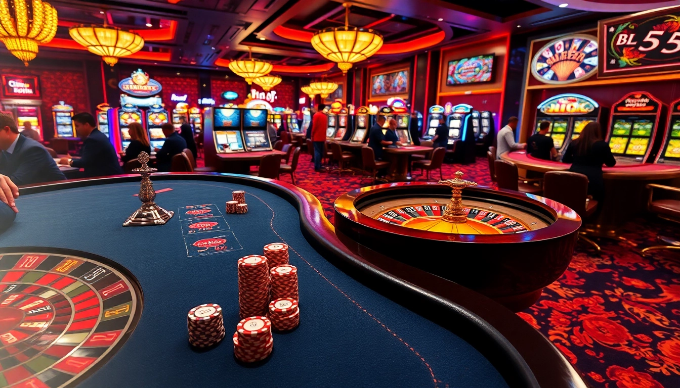 Experience the thrill of BL555 at a luxurious casino table with high-stakes poker and vibrant slot machines.