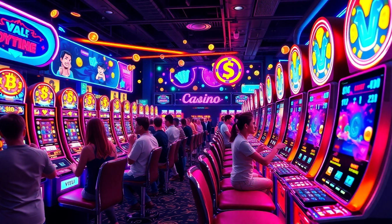 Les crypto casinos présentent des joueurs heureux interagissant avec des machines à sous vibrantes.