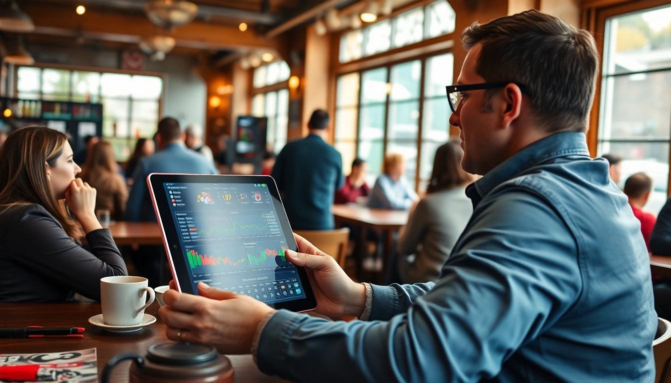 Le site de paris sportifs France avec une interface engageante sur un appareil intelligent dans un café animé.