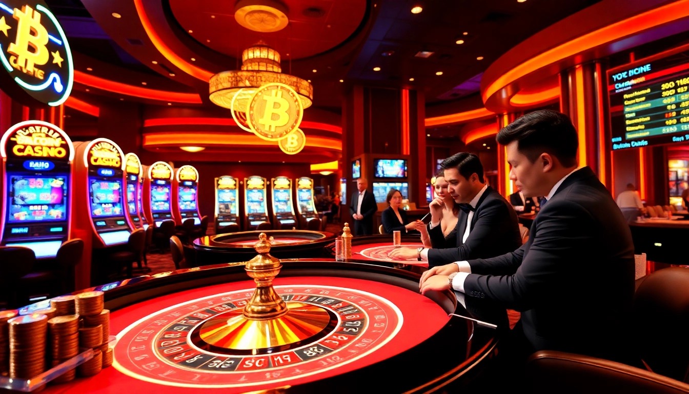 Engagement dans les casinos Bitcoin avec des tables de jeux luxueuses et une ambiance dynamique.
