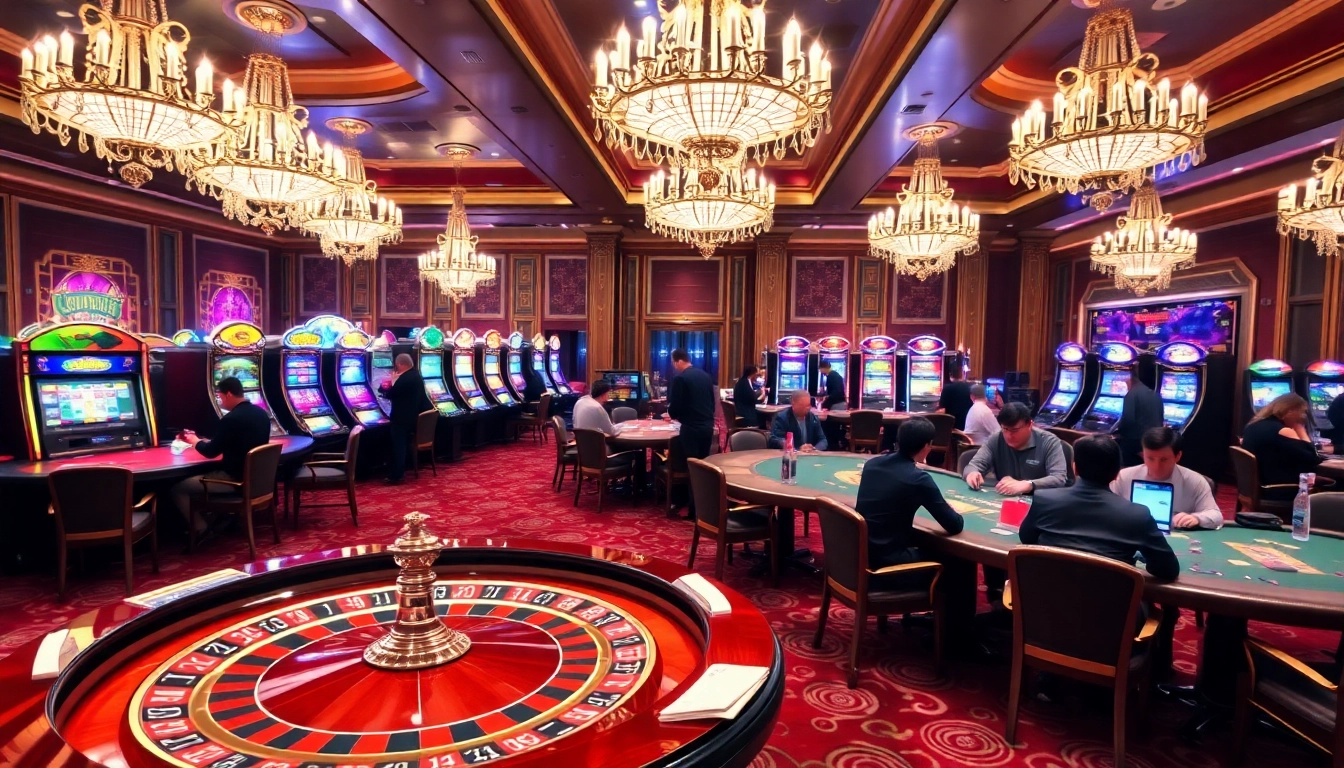 Experience the thrill of meilleur casino en ligne français with players enjoying games at a luxurious venue.