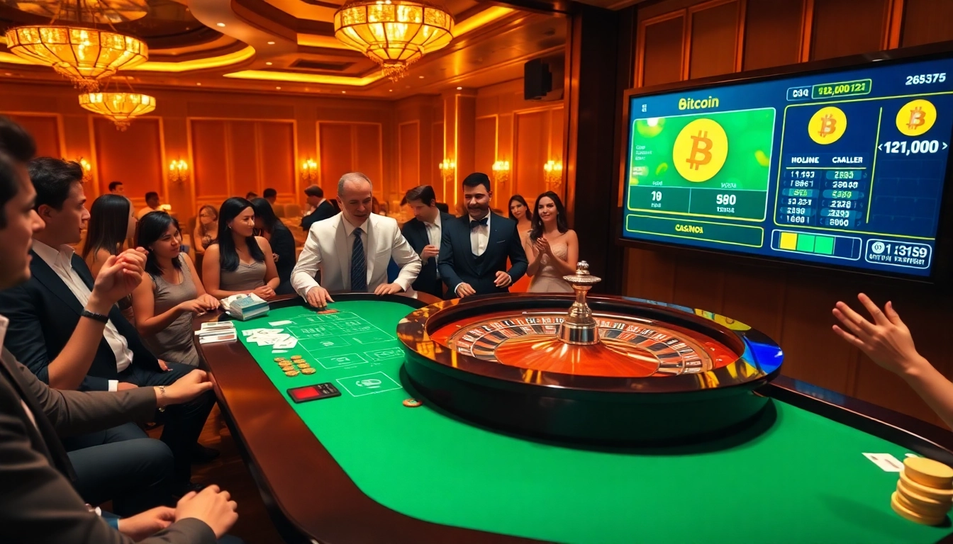 Scène excitante de roulette dans un casino Bitcoin vivant, avec des joueurs enthousiastes.