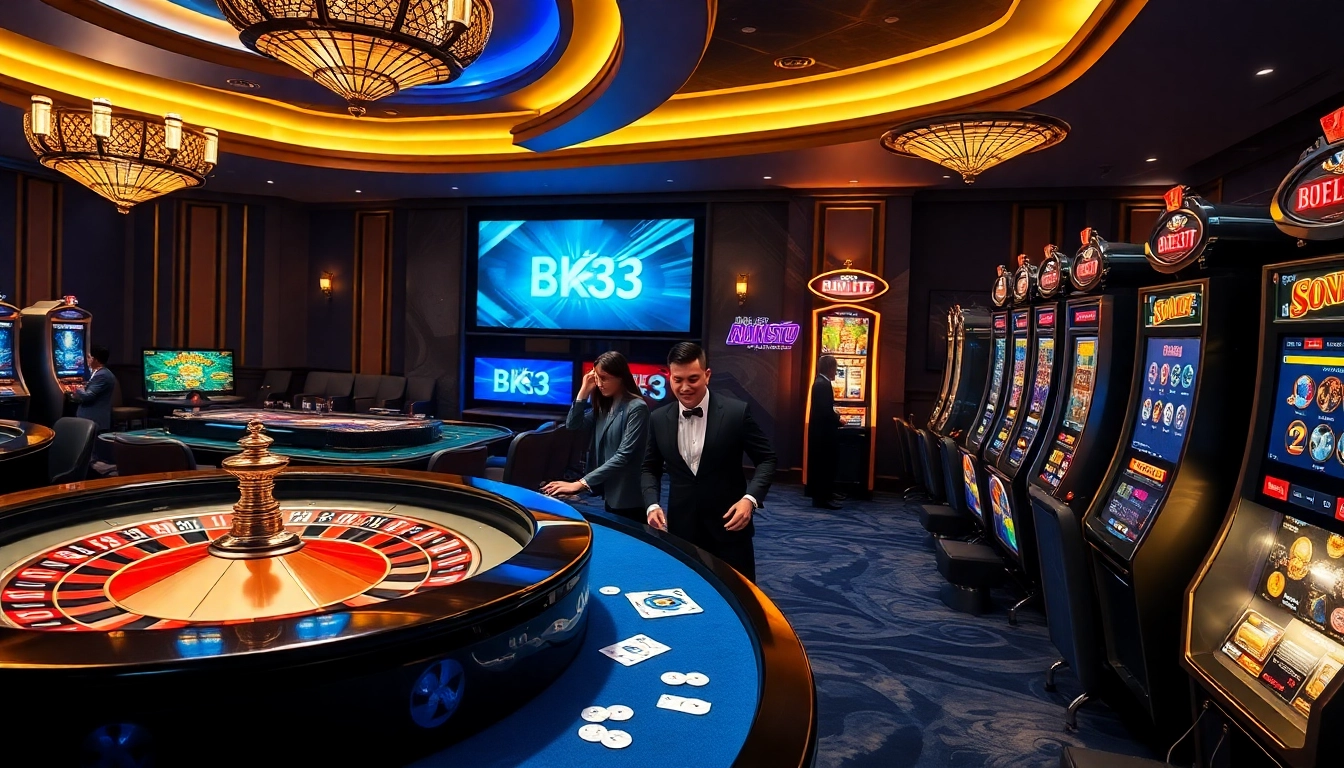 Experience vibrant excitement with Bk33 casino's luxurious gaming atmosphere featuring players and iconic casino elements.