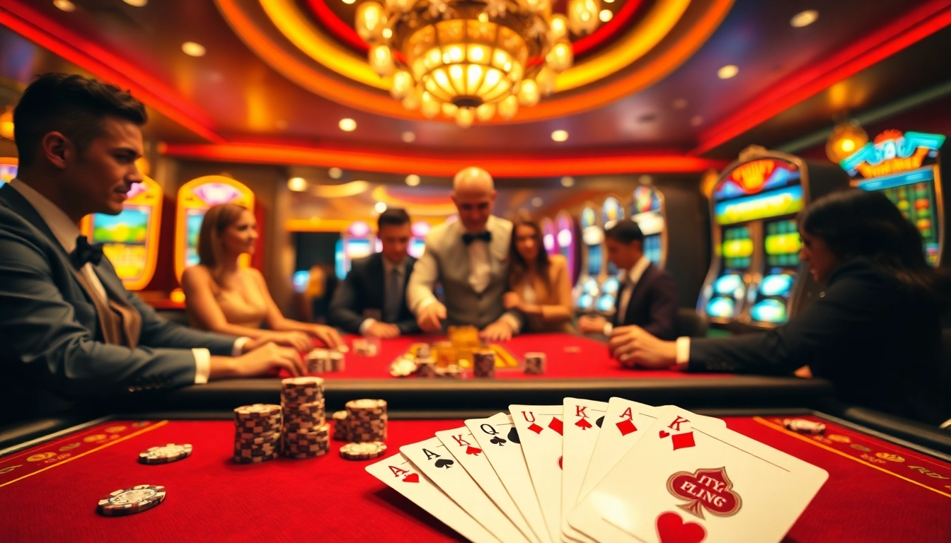 Players enjoying a thrilling game at 789CLUB casino with vibrant slot machines and poker chips.