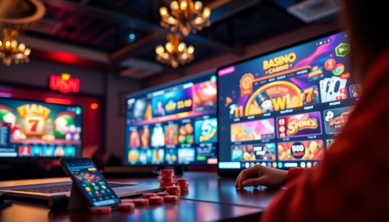 Dynamic online gaming scene showcasing Nhà cái VN6 with a friendly, inviting atmosphere and vibrant digital displays.