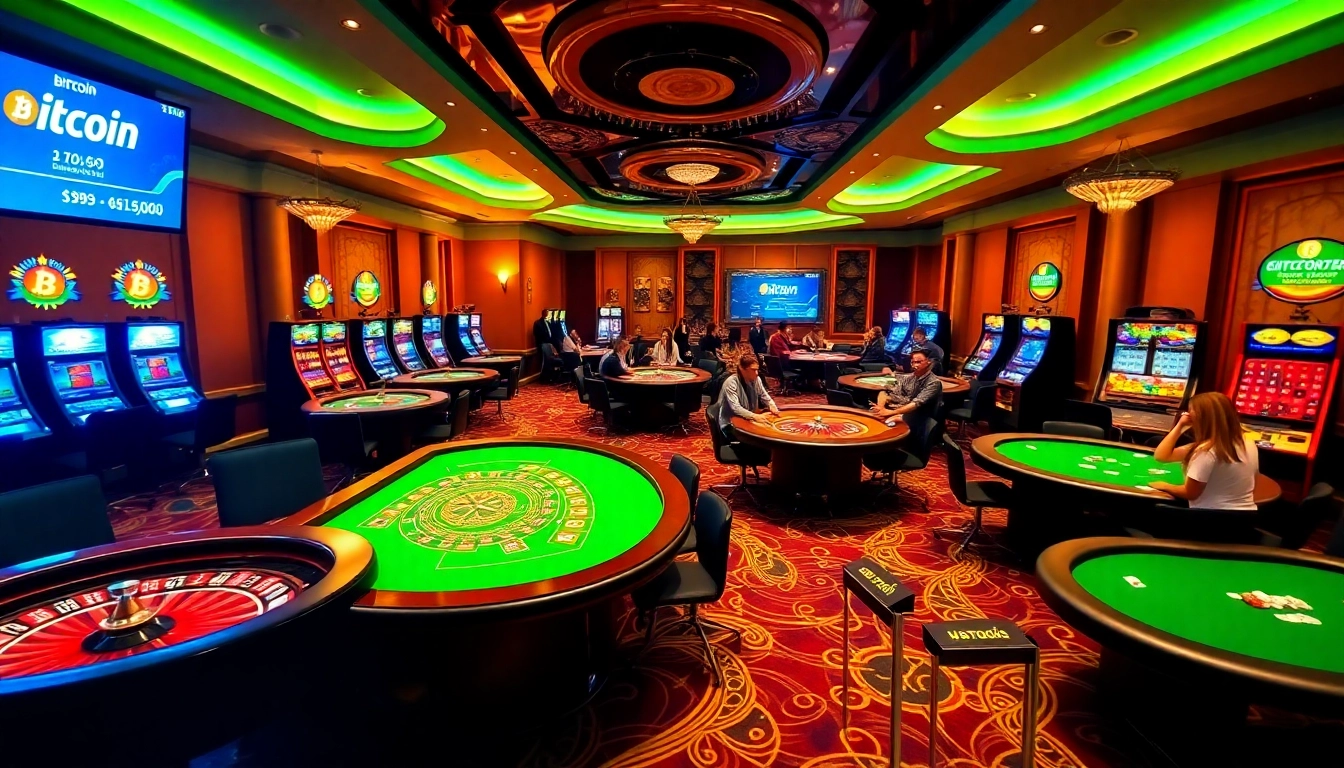 Exciting Bitcoin casino atmosphere with players at tables and vibrant slot machines.
