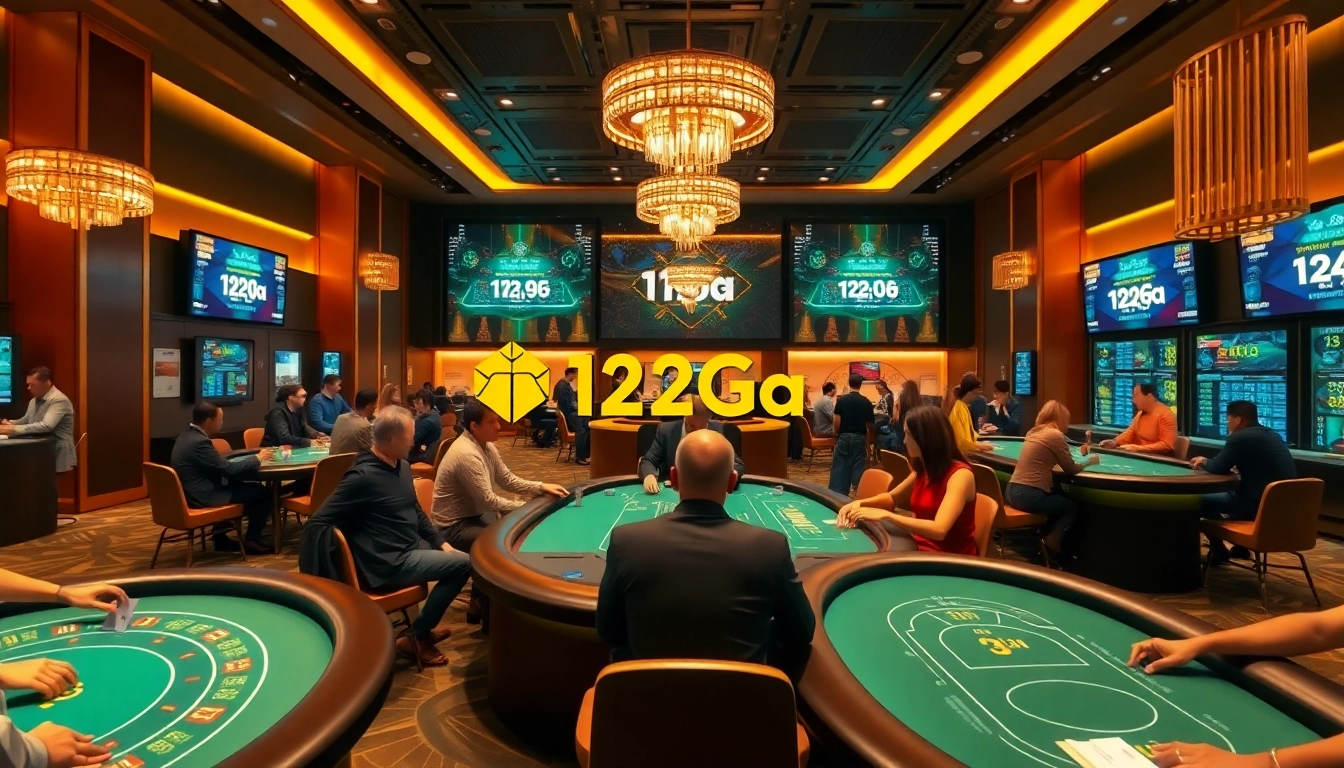 A dynamic online casino scene featuring 123Ga branding, showcasing players engaging in games with a luxurious atmosphere.