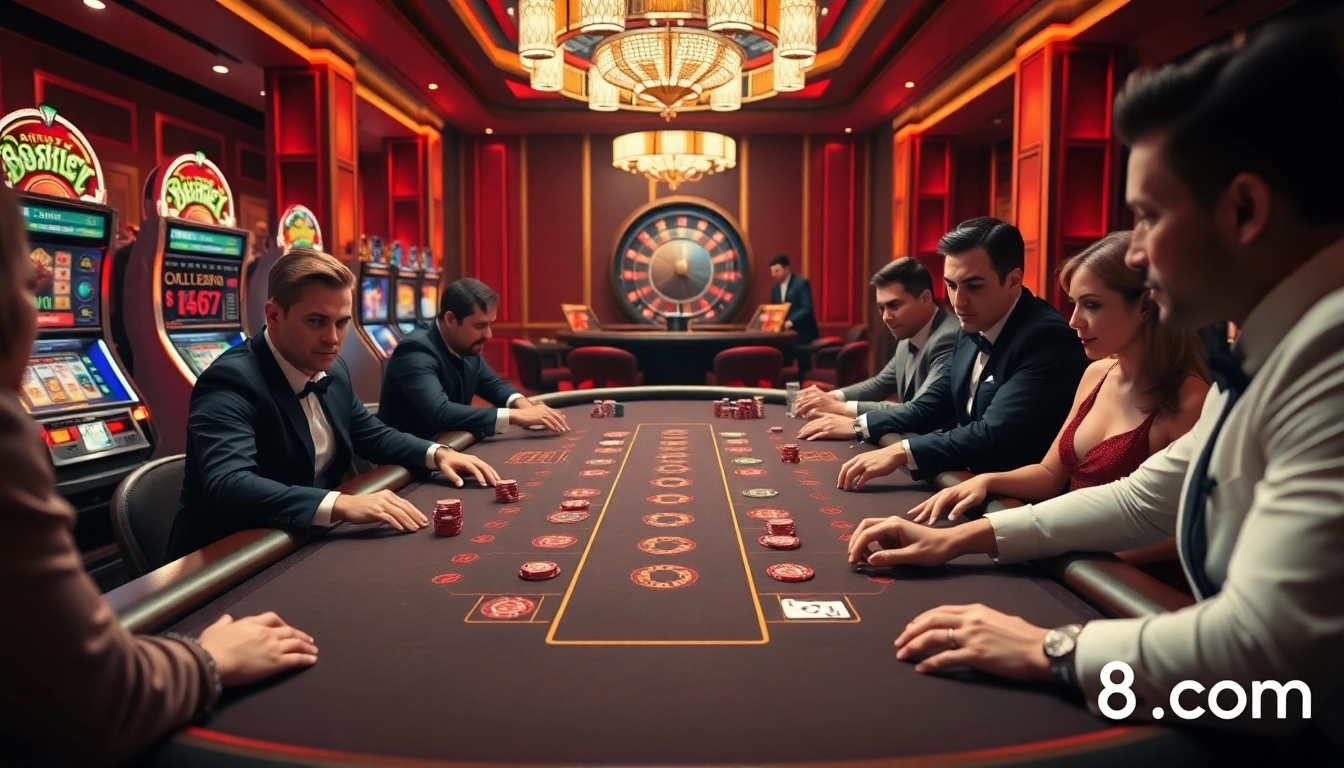 Experience the thrill of gaming at s8.com with a vibrant casino scene filled with poker action and slot machines.