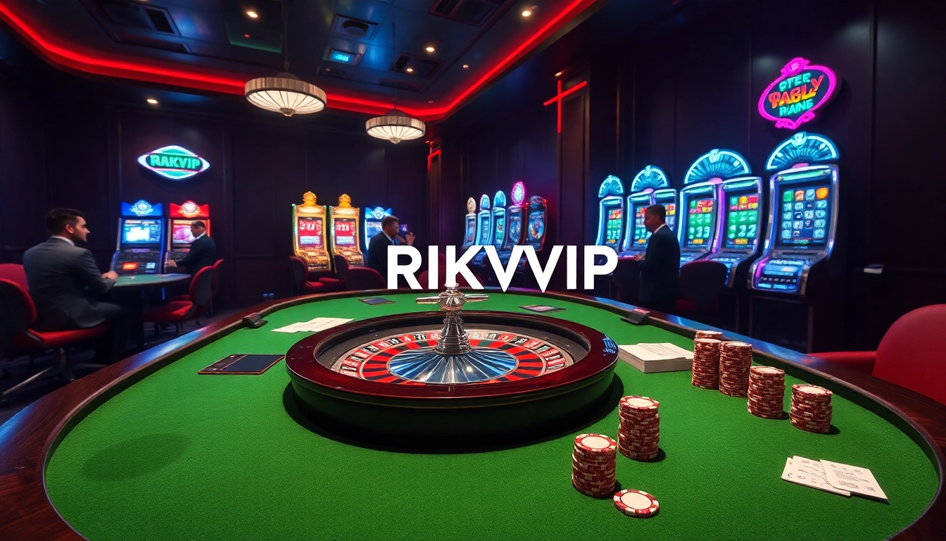 Experience the excitement of rikvip with a luxurious casino scene featuring poker games and vibrant slot machines.