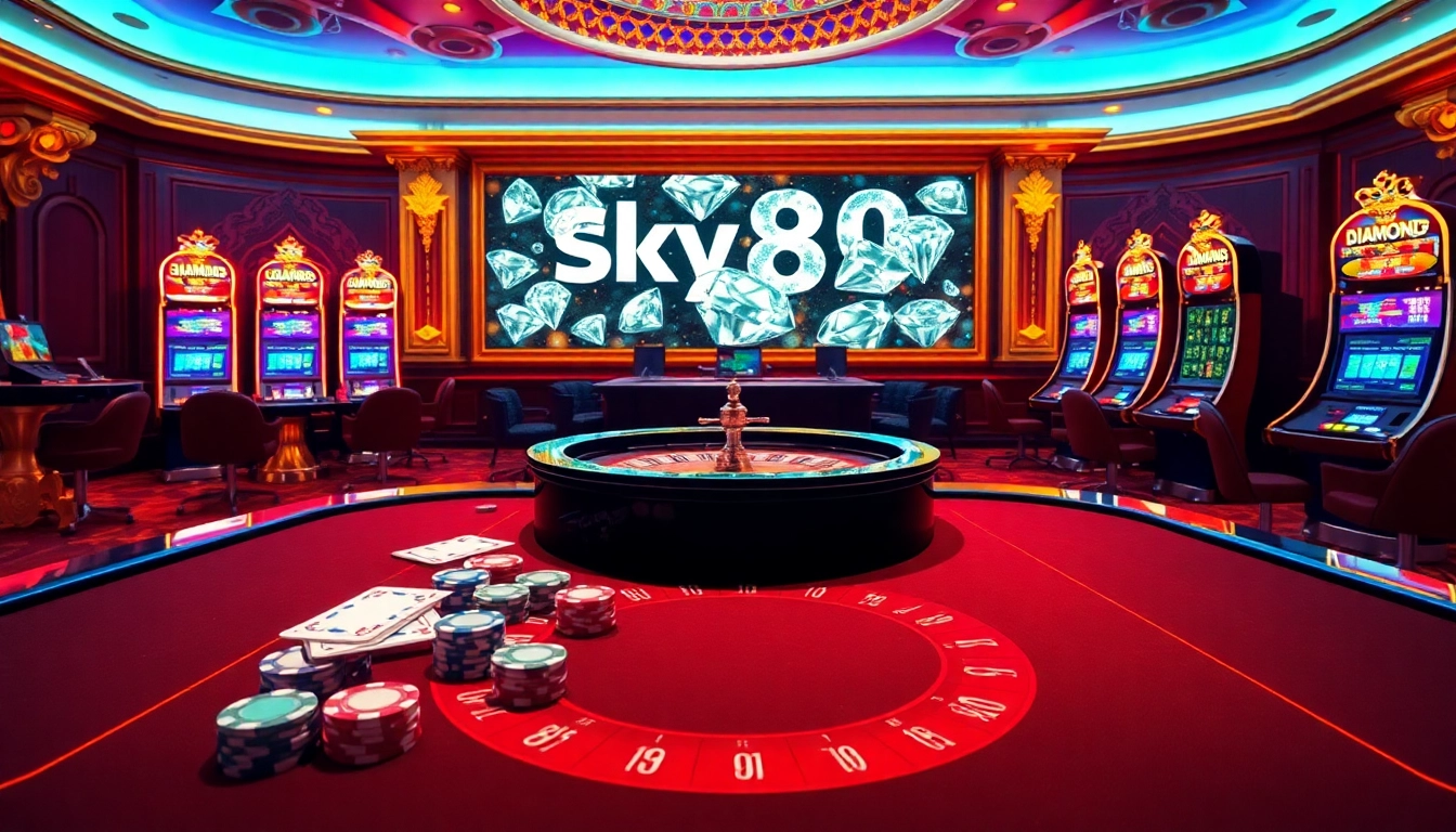 Engage in gaming excitement at sky88.diamonds with vibrant casino tables and slot machines.