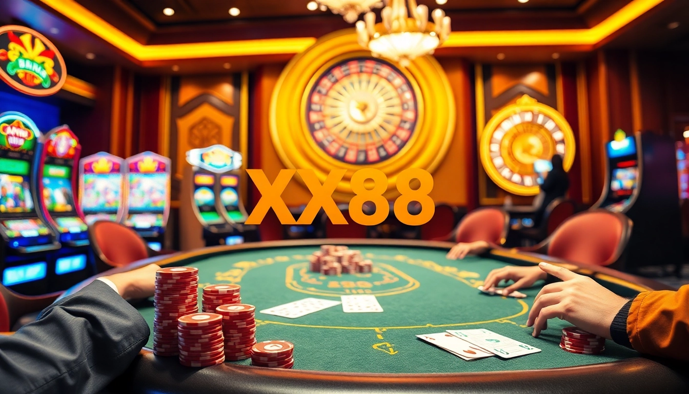 Xx88 uy tín with vibrant casino atmosphere featuring poker players and roulette wheel