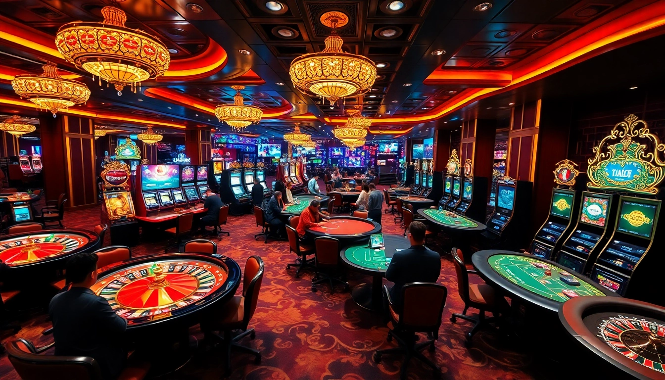 Experience the vibrant ambiance of Trang chủ Luck8 with players engaging at roulette and poker tables, radiating excitement.