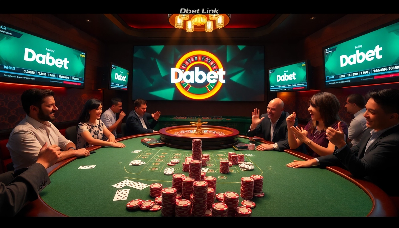 Experience the thrill of gambling with Dabet Link at a vibrant poker table in a luxurious casino.
