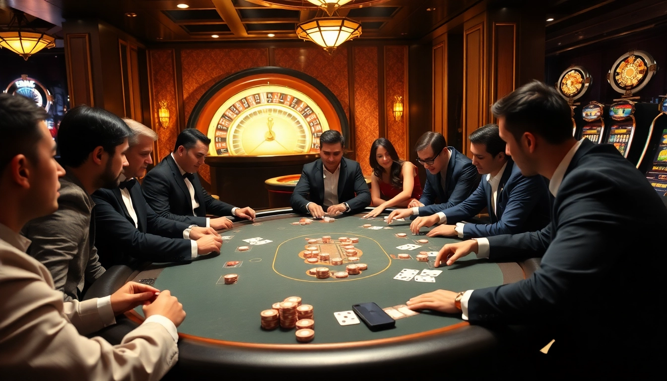Players enjoying poker at a luxurious casino table, inspired by https://8kbett2a.org/ for an immersive experience.