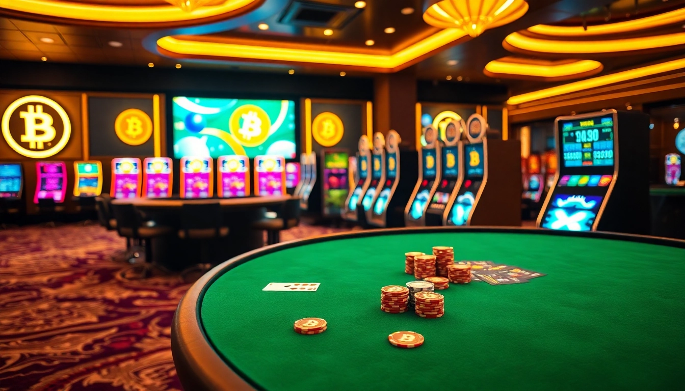Experience the thrill of a Bitcoin casino with vibrant tables and sophisticated gaming options.